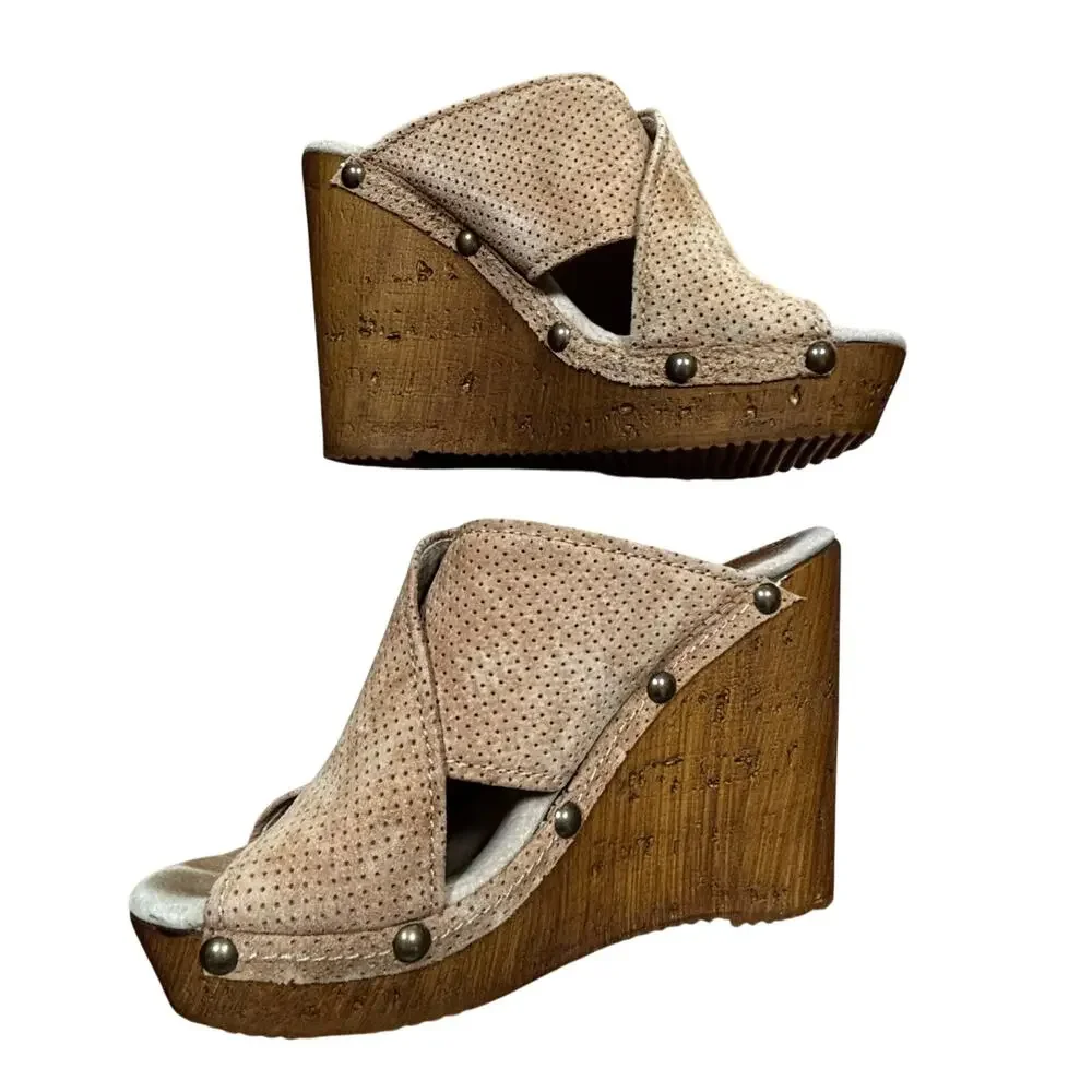 Sbicca Platform High Heels Slides US 8M tan suede leather crossover uppers shoes